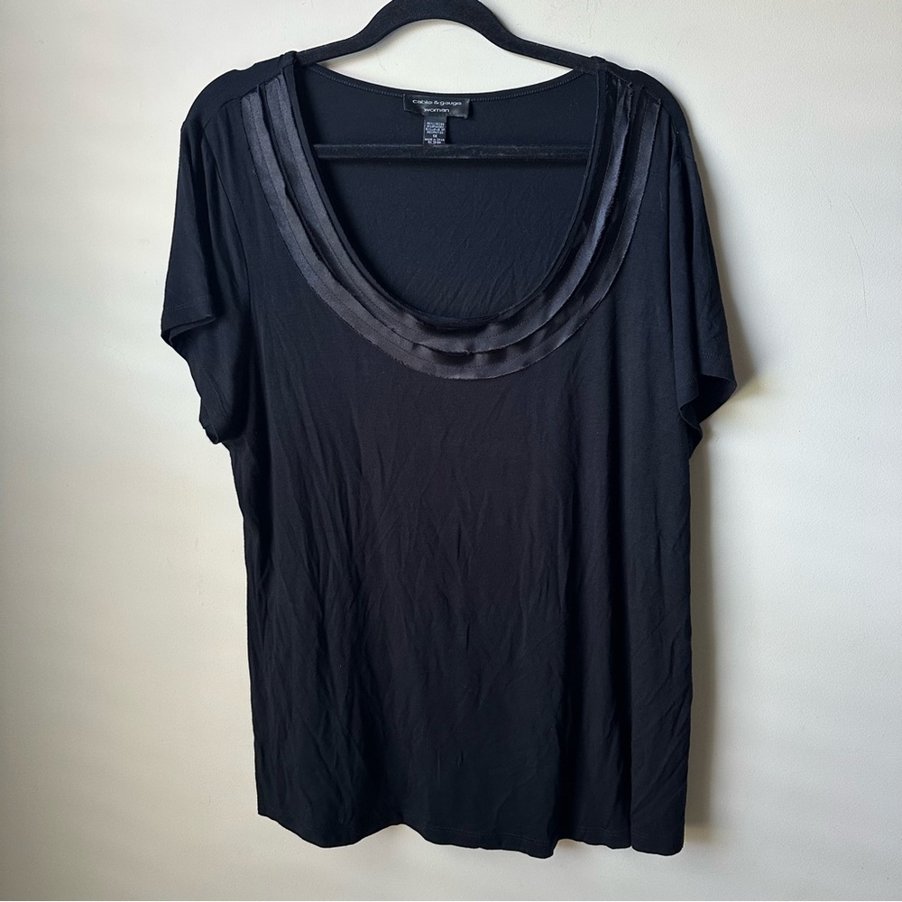 Cable & Gauge Womans Blouse Top Black 1X Solid Short Sleeve Scoop Neck Pullover